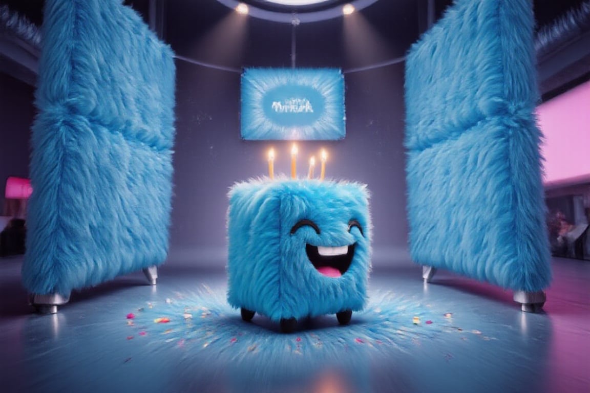 A futuristic space station background featuring a vibrant blue cube-shaped mascot, surrounded by swirling stars and neon light,  is adorned with colorful confetti and balloons, beaming with joy as it holds a giant cake with candles lit. The room is filled with holographic screens displaying a flurry of birthday greetings from around the world in various languages, represented by scrolling emails and letters, creating a whimsical and celebratory atmosphere.,Tenten