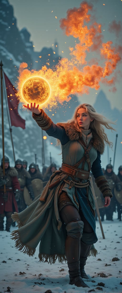 intensely focused Viking woman warrior with curly hair hurling a burning meteorite from her hand towards the viewer, the glowing sphere leaves the woman's body getting closer to the viewer leaving a trail of smoke and sparks, intense battlegrounds in snowy conditions, army banners, swords and shields on the ground