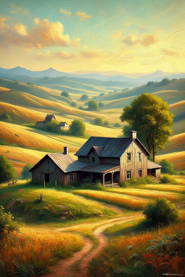 "In the style of Andy Park, create an imaginative and hyperrealistic depiction of rolling hills with farms and farmhouses, characterized by intricate line work and dynamic composition. The farmhouses should appear weathered and time-worn, with signs of years of exposure to the elements, their rustic charm accentuated by muted, earthy tones. The roofs may show signs of wear, with faded paint and aged wood blending into the natural landscape. Fields and farmlands should stretch across the rolling hills, with vibrant accents of greenery and golden crops contrasting against the more muted tones of the old structures, enhancing the depth and atmosphere of the scene. The focus should be on one or two central farmhouses, while the surrounding landscape transitions into an abstract, painterly environment with indistinct shapes and forms suggesting distant barns, fields, and overgrown foliage. The atmosphere should be hazy and diffuse, contributing to an ethereal and somewhat nostalgic feel, with the soft light of the setting sun casting long shadows over the rolling hills. The background, rendered in a loose, impressionistic style, should emphasize mood and atmosphere over detailed realism, blending seamlessly into the horizon, creating a peaceful and timeless rural landscape."