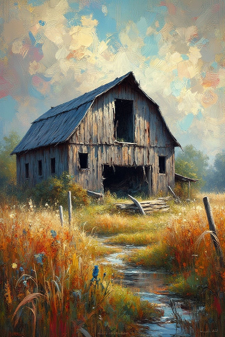 "In the style of Andy Park, create an imaginative and hyperrealistic depiction of a weathered, tattered, and time-worn old barn, characterized by intricate line work and dynamic composition. The barn’s decaying wood and broken structure should show years of exposure to the elements, with muted, earthy tones blending with vibrant accents to enhance the depth and atmosphere of the scene. The focus should be selectively on the barn, while the background transitions into an abstract, painterly environment. The atmosphere should be hazy and diffuse, contributing to an ethereal and somewhat nostalgic feel. Indistinct forms and shapes in the background should suggest overgrown foliage or distant fields, rendered in a loose, impressionistic style to emphasize mood and atmosphere over detailed realism."