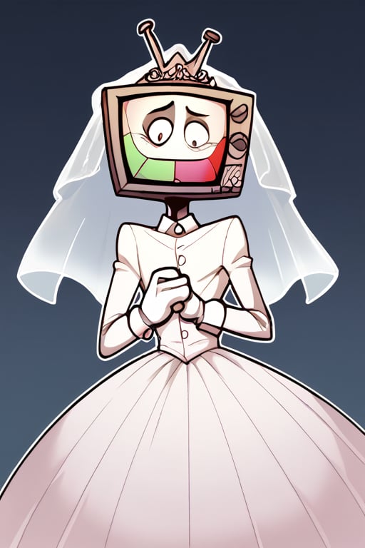 2D, score_9, score_8_up, score_7_up, BREAK, 1boy, solo, MrPuzzles, TV Head, wedding dress, 