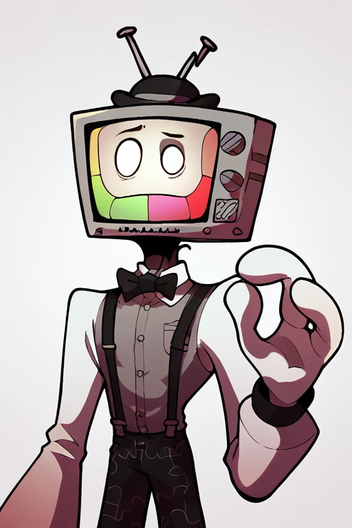 2D, score_9, score_8_up, score_7_up, BREAK, 1boy, solo, MrPuzzles, TV Head, Grey Shirt, White Sleeves, Suspenders, Black Pants, Bow Tie, Bowler Hat, dot eyes