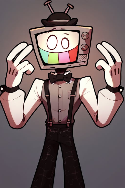 2D, score_9, score_8_up, score_7_up, BREAK, 1boy, solo, MrPuzzles, TV Head, Grey Shirt, White Sleeves, Suspenders, Black Pants, Bow Tie, Bowler Hat, happy