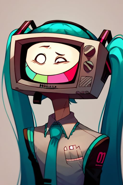 2D, score_9, score_8_up, score_7_up, BREAK, 1boy, solo, MrPuzzles, TV Head, hatsune miku cosplay