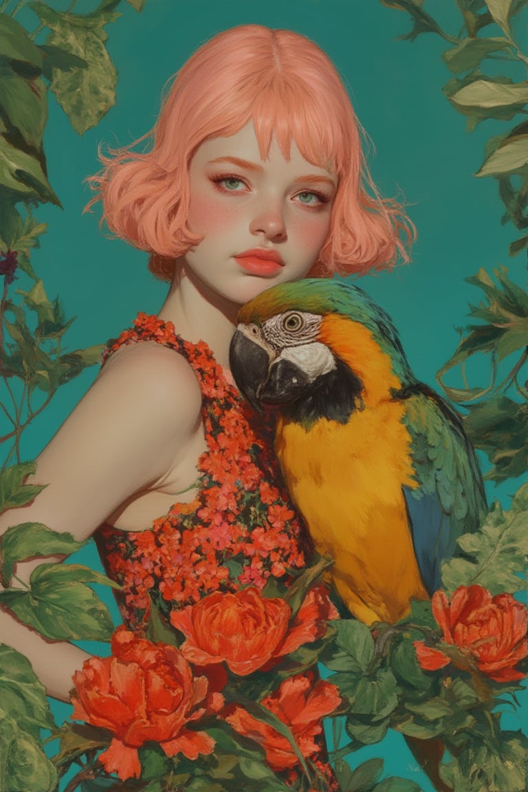 animaportrait of a woman with short pink hair and a parrot on her shoulder, framed by a teal background, tropical and vibrant, colorful, contrast, very aesthetic.