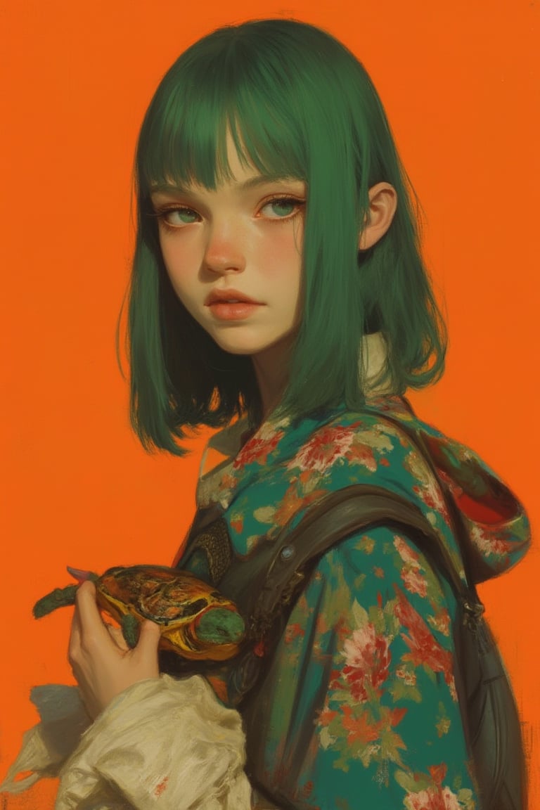 animaportrait of a woman with straight green hair holding a tiny turtle, in front of a vibrant orange background, playful and whimsical, colorful, contrast, masterpiece.