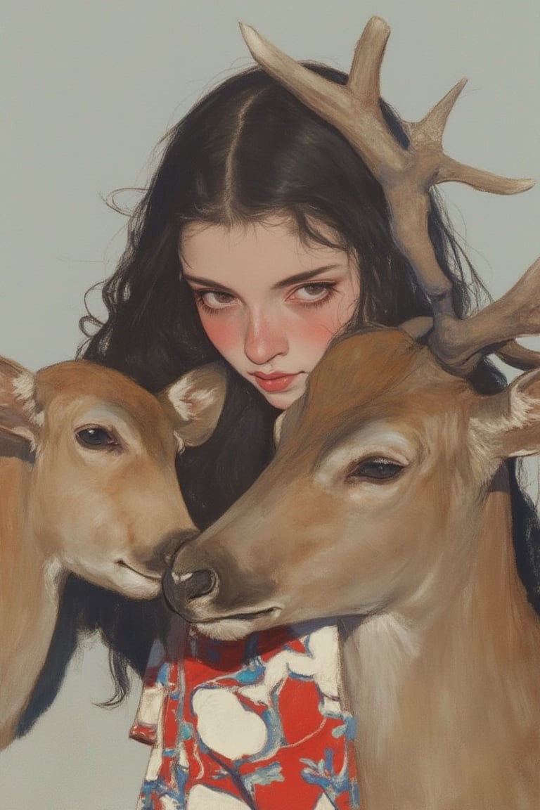 animaportrait of a woman with wavy dark hair and a gentle deer, set against a light gray background, peaceful and natural, colorful, contrast, absurdres.