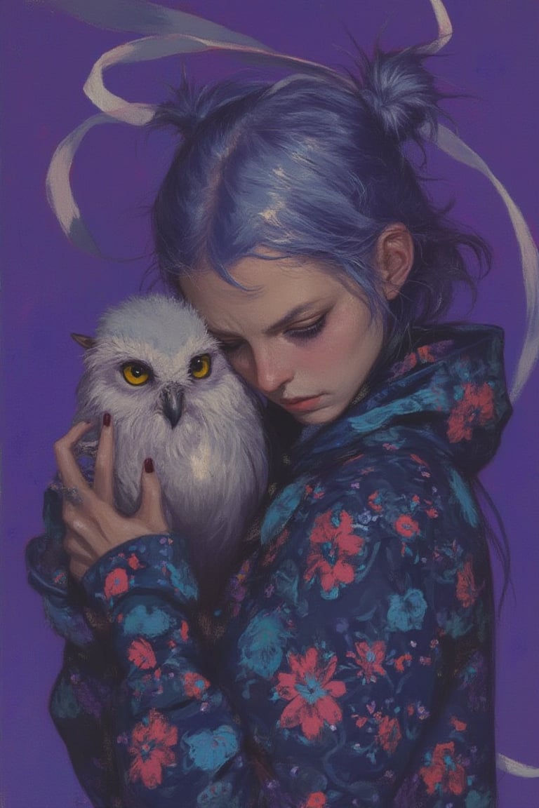 animaportrait of a woman with blue hair holding a small owl, standing in front of a purple background, mystical and serene, colorful, contrast, best quality.