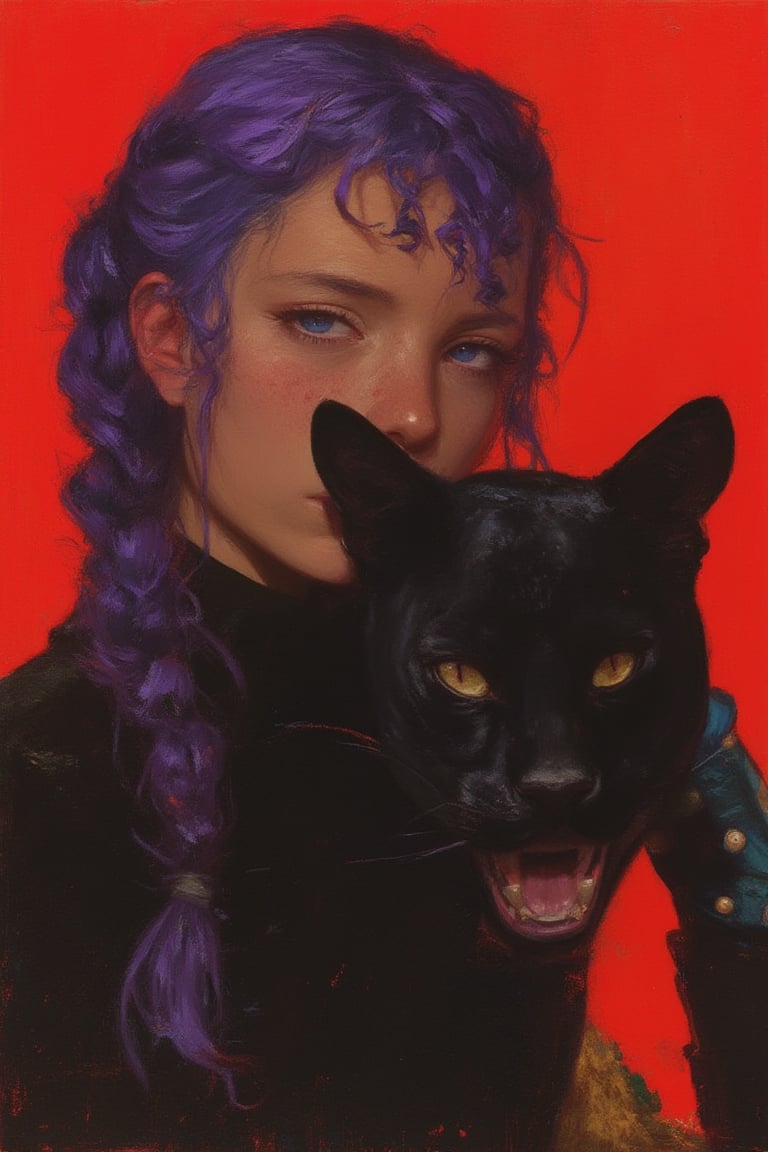 animaportrait of a woman with braided purple hair and a black panther, set against a striking red background, intense and bold, colorful, contrast, best quality.