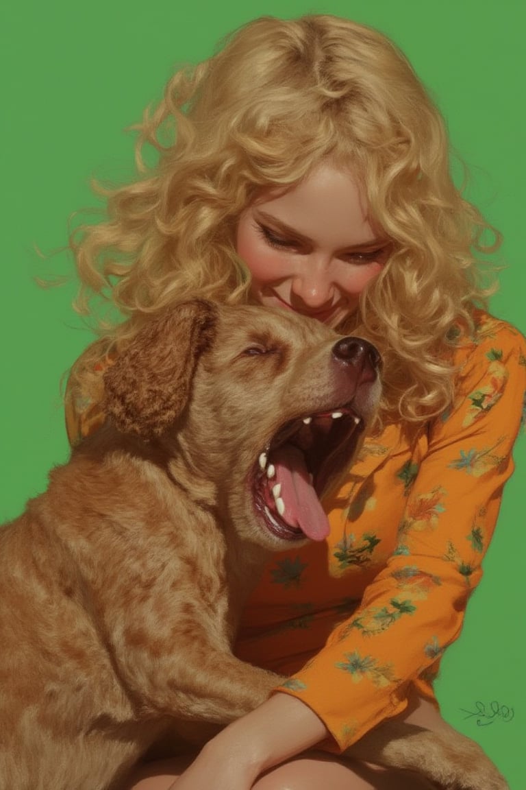 animaportrait of a woman with curly blonde hair and a playful brown dog, set against a green background, lively and energetic, colorful, contrast, amazing quality.