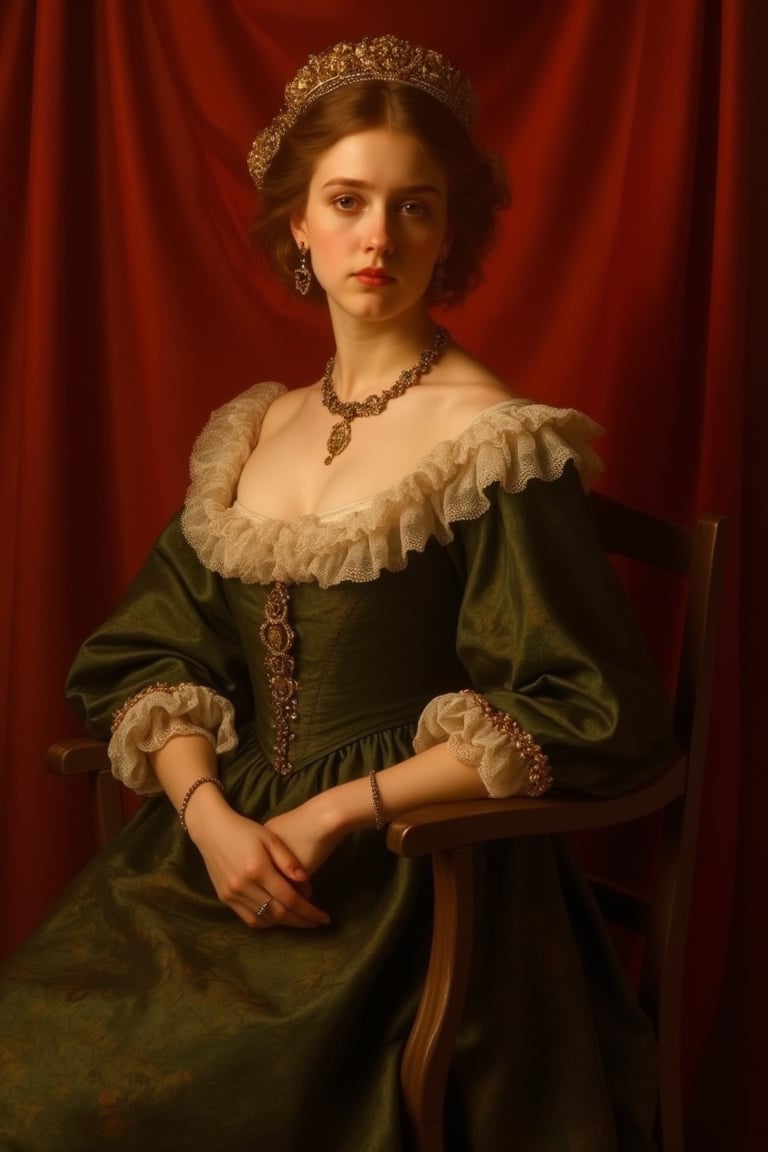 A serene young woman, dressed in elegant attire, sits majestically against a richly hued backdrop, reminiscent of 17th century Dutch Masters. Her porcelain skin glows with a soft, golden light, as if illuminated by the warm rays of a sunlit window. Brushstrokes blend seamlessly, evoking the textured, painting.