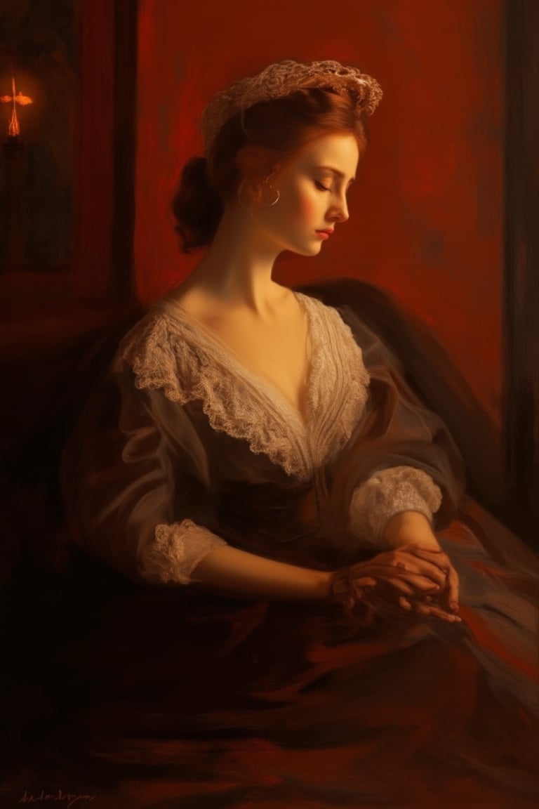 A serene young woman, dressed in elegant attire, sits majestically against a richly hued backdrop, reminiscent of 17th century Dutch Masters. Her porcelain skin glows with a soft, golden light, as if illuminated by the warm rays of a sunlit window. Brushstrokes blend seamlessly, evoking the textured, painting.