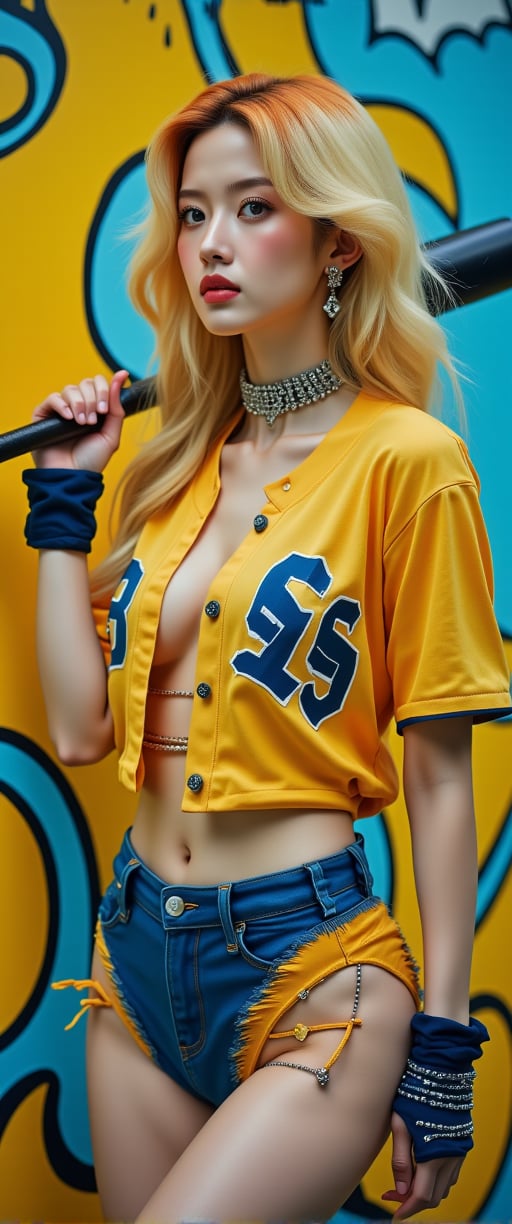 masterpiece, Movie Still, Film Still, Cinematic, Cinematic Shot, (RAW photo, 8k uhd, Analog style, Masterpiece, Best Quality, Highres:1.4), (dramatic, cinematic:1.2), BREAK, movie shot of (brutal:1.1) A young blonde-haired woman dressed in a bold combination of a baseball player's uniform, a bikini, and punk-inspired elements. Her fiery hair contrasts sharply with her outfit, which features complementary yellow and blue tones. She wears a cropped baseball jersey over a blue bikini top, paired with a short skirt or pants that have a rebellious, punk edge, including ripped fabric, studs, and bold patterns. Her accessories, like a spiked choker or wristbands, add to the punk vibe. She stands confidently with a baseball bat slung over her shoulder, her expression fierce and unapologetic, set against a dynamic backdrop with vibrant yellow and blue graffiti, embodying a fusion of athleticism and punk attitude.
"CTMAKER" badge , ,,ct-virtual,ct-virtual_v2,ct-visual,ct-sensual-v2,ct-muun