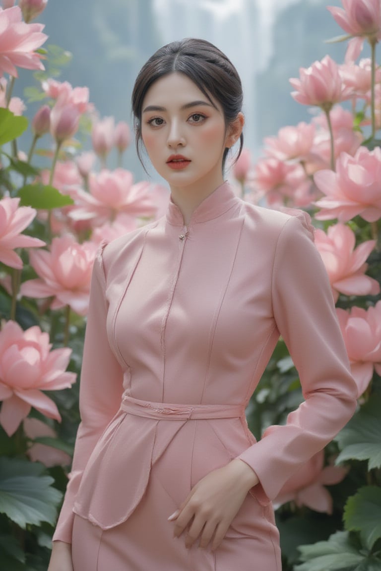 A statuesque figure stands tall amidst a serene backdrop of pink lotuses, bathed in soft, cool-toned light that highlights vibrant hues and tactile textures. The subject confidently poses with sharp lines and defined curves, its high-definition skin texture seemingly within reach, as the isometric composition guides the viewer's gaze to trendy fashion elements harmoniously aligned, frozen in a moment of artful stillness.