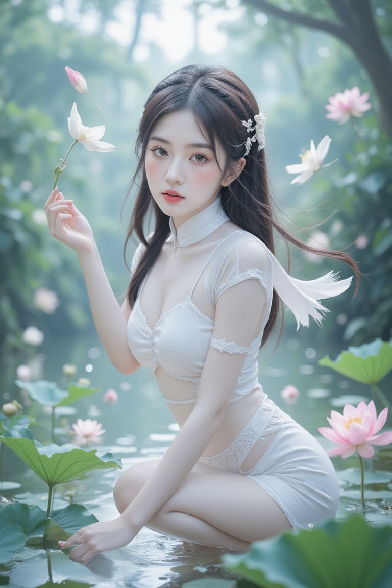 (extremely detailed CG unity 8k wallpaper),(((masterpiece))), (((best quality))), ((ultra-detailed)), (best illustration),(best shadow), ((an extremely delicate and beautiful)),dynamic angle,floating, solo,((1girl)),{long wavy curly hair},expressionless,((white idol dress)), anglesailor dress,(detailed wet clothes),silk shawl,bikini,underboob, frills,cute anime face,blush,(beautiful detailed eyes), (detailed light),feather, nature, (sunlight), river, (forest),(((floating palace))),beautiful and delicate water,(painting),(sketch),(bloom),(shine),Perfect fashion,Enhanced all,lotus