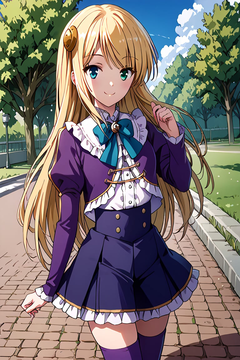 score_9, score_8_up, score_7_up, score_6_up, score_5_up, score_4_up, source_anime, BREAK yumina, 1girl, solo, walking, looking at viewer, blonde hair, long hair, hair ornament, bangs, heterochromia, green eyes, blue eyes, smile, frills, shirt, white shirt, blue ribbon, brooch, striped clothes, center frills, buttons, jacket, cropped jacket, purple jacket, puffy sleeves, long sleeves, skirt, high-waist skirt, pleated skirt, purple skirt, purple thighhighs, zettai ryouiki, cowboy shot, dutch angle, outdoors, park, day, blue sky, cloud