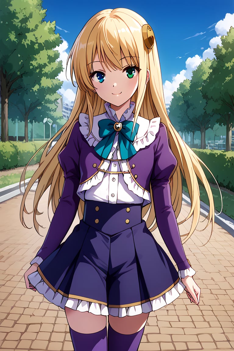 score_9, score_8_up, score_7_up, score_6_up, score_5_up, score_4_up, source_anime, BREAK yumina, 1girl, solo, walking, looking at viewer, blonde hair, long hair, hair ornament, bangs, heterochromia, green eyes, blue eyes, smile, frills, shirt, white shirt, blue ribbon, brooch, striped clothes, center frills, buttons, jacket, cropped jacket, purple jacket, puffy sleeves, long sleeves, skirt, high-waist skirt, pleated skirt, purple skirt, purple thighhighs, zettai ryouiki, cowboy shot, dutch angle, outdoors, park, day, blue sky, cloud