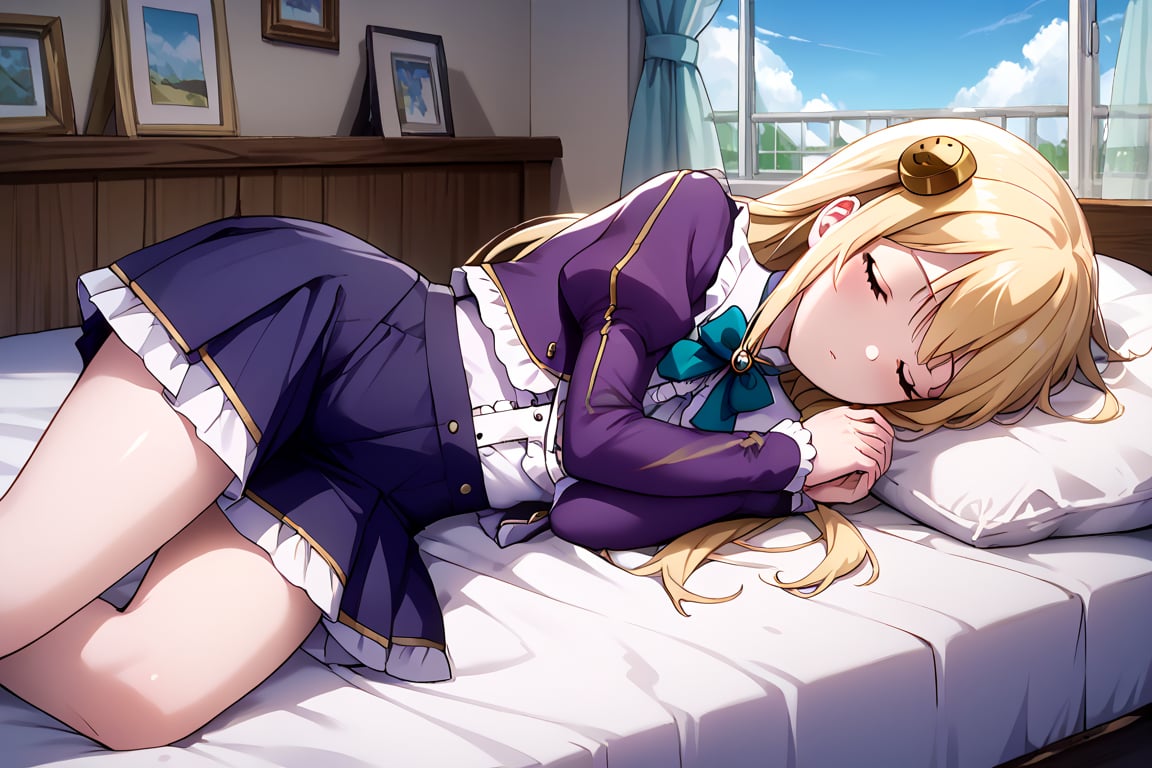 score_9, score_8_up, score_7_up, score_6_up, score_5_up, score_4_up, source_anime, BREAK yumina, 1girl, solo, lying on side, sleeping, blonde hair, long hair, hair in the face, hair ornament, bangs, frills, shirt, white shirt, blue ribbon, brooch, striped clothes, center frills, buttons, jacket, cropped jacket, purple jacket, puffy sleeves, long sleeves, skirt, high-waist skirt, pleated skirt, purple skirt, indoors, bed, bedroom, window, light, day, 