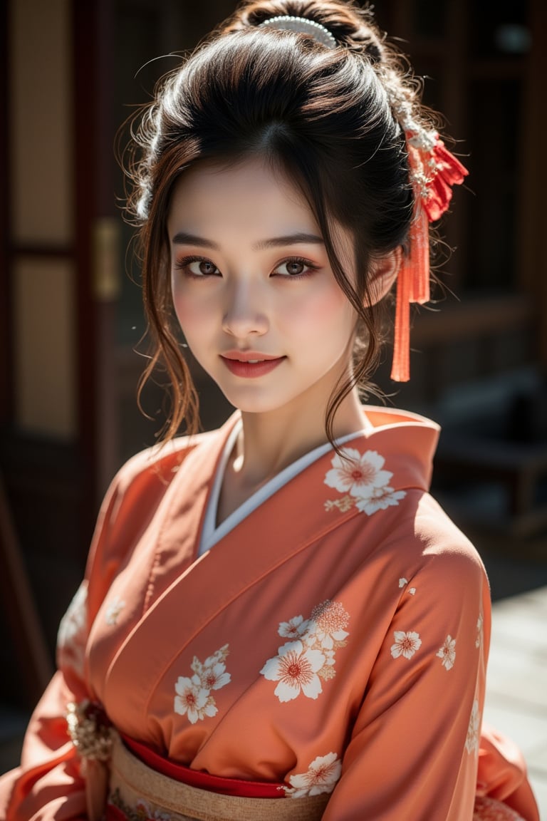 A stunningly beautiful Japanese woman, salmon-colored kimono, cinematic, highly details, immersive atmosphere, impeccably detailed, visually stunning, transfixing looks, emotive depth, artistic emotionality, compelling glances, 