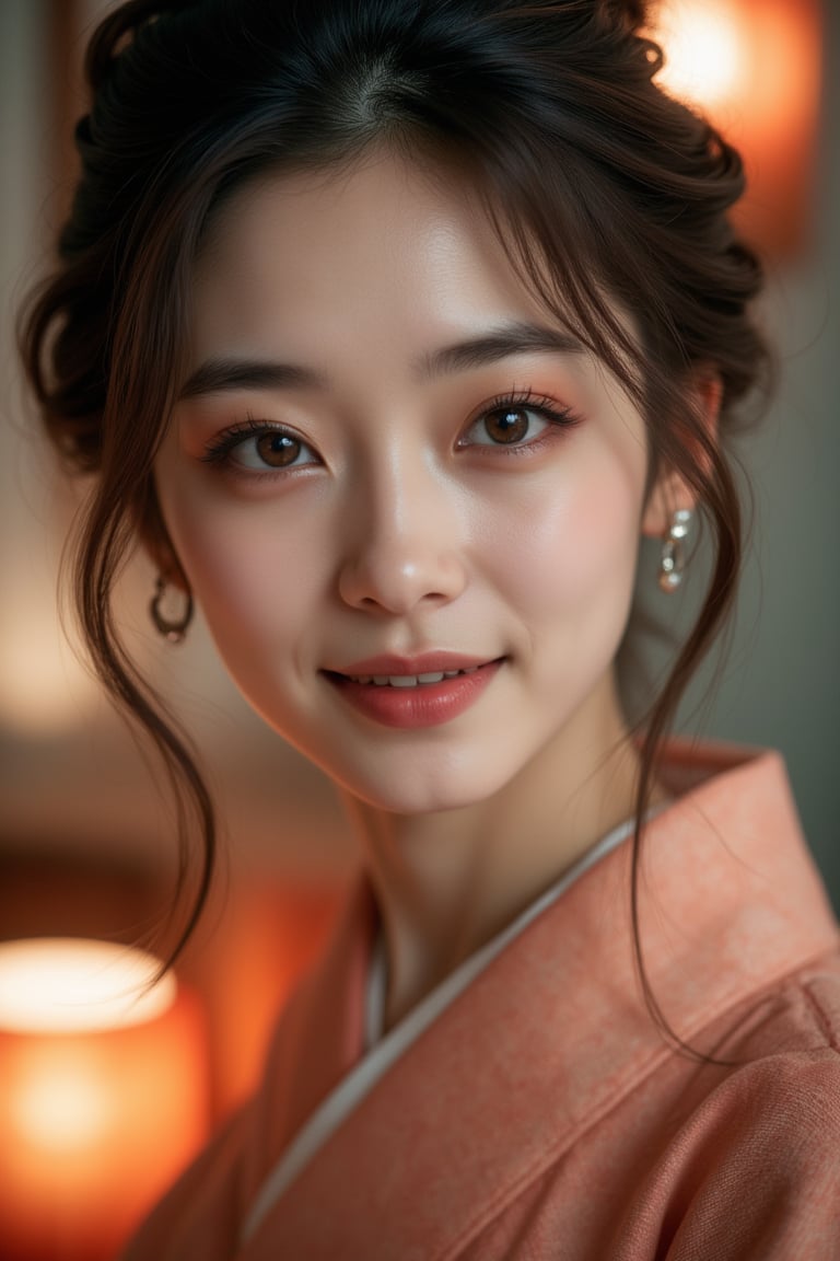 A stunningly beautiful Japanese woman, salmon-colored kimono, cinematic, highly details, immersive atmosphere, impeccably detailed, visually stunning, transfixing looks, emotive depth, artistic emotionality, compelling glances, 