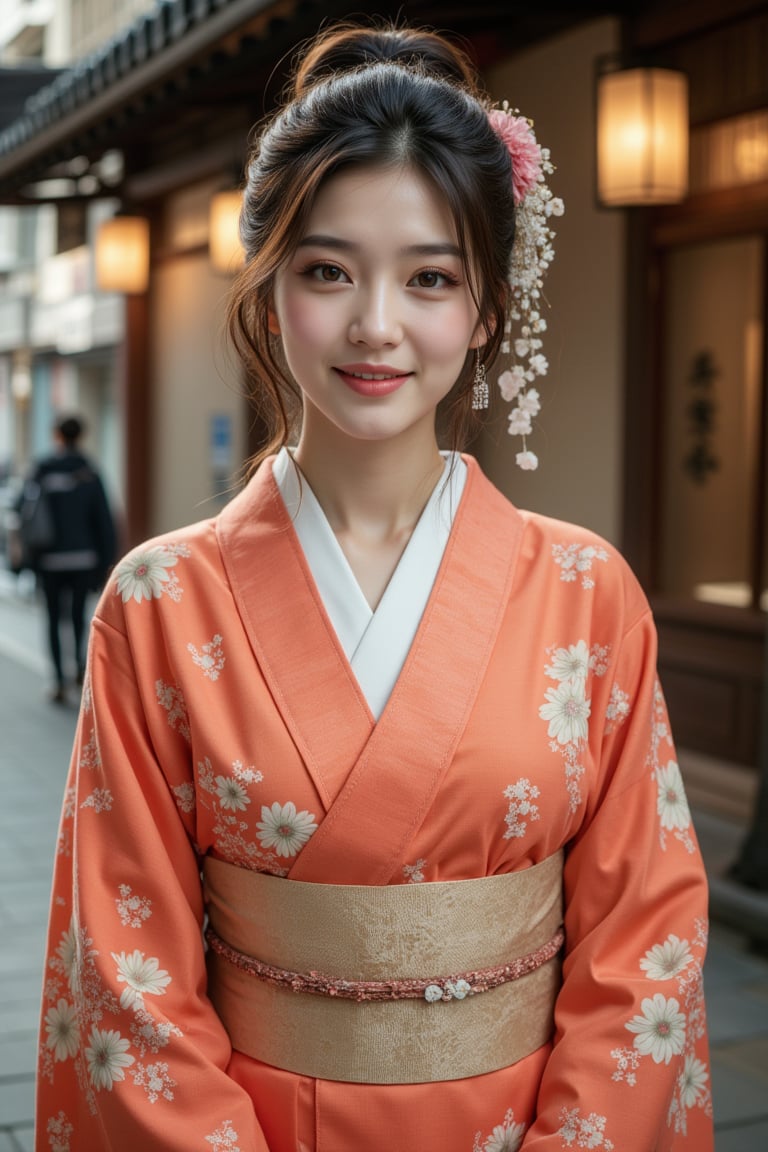 A beautiful Japanese woman, salmon-colored kimono, cinematic, highly details