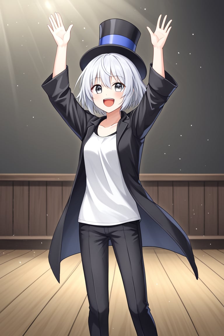 1girl, solo, rainaygo, duel monster, white hair, short hair, grey eyes, modern urban clothes, magician outfit, black top hat, black coat, open coat, white shirt, black pants, indoors, stage, magic show, arms up, open mouth, smile