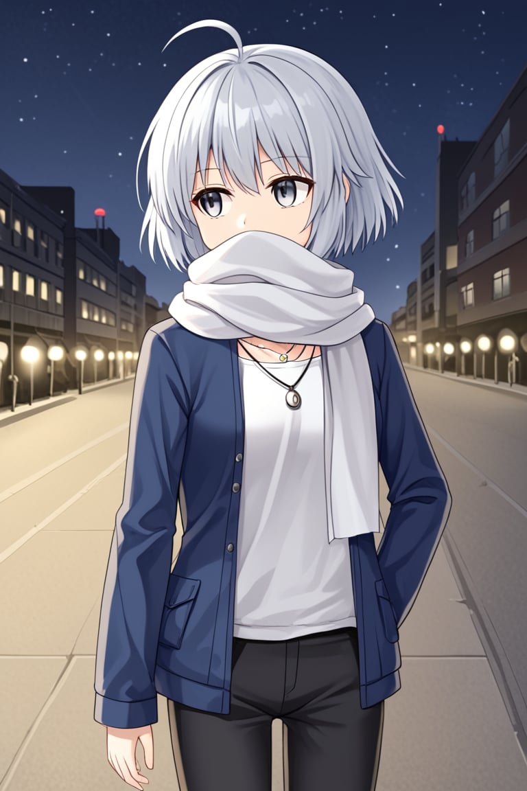 1girl, solo, rainaygo, duel monster, white hair, short hair, ahoge, grey eyes, modern urban clothes, casual clothing, blue jacket, long sleeves, white shirt, necklace, white scarf, covered mouth, black pants, outdoors, night, city, street, standing, looking away, expressionless, cowboy shot 