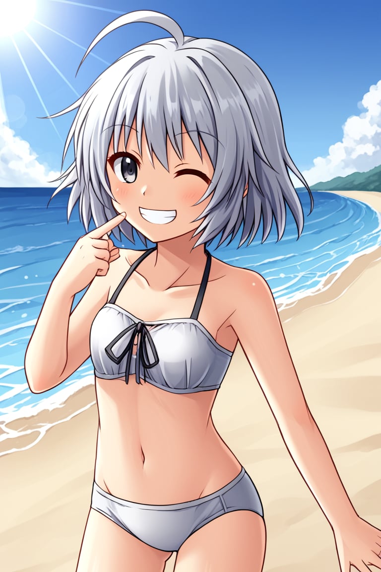 1girl, solo, rainaygo, duel monster, white hair, short hair, ahoge, grey eyes, white bikini, standing, outdoors, beach, wink, smile, teeth