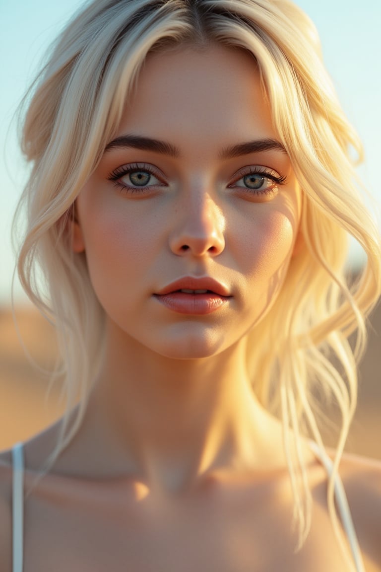 Professional film photography 1girl, 23yo, official art, (beautiful and aesthetic:1.2), , extremely detailed, (fractal art:1.3),colorful, highest detailed, stunning beauty, white hair blonde, pale skin , the creamy smooth skin, sparkling eyes , catchlights, desert at sunset, best photographic quality, cinematic lighting, dof, analog film grain,
