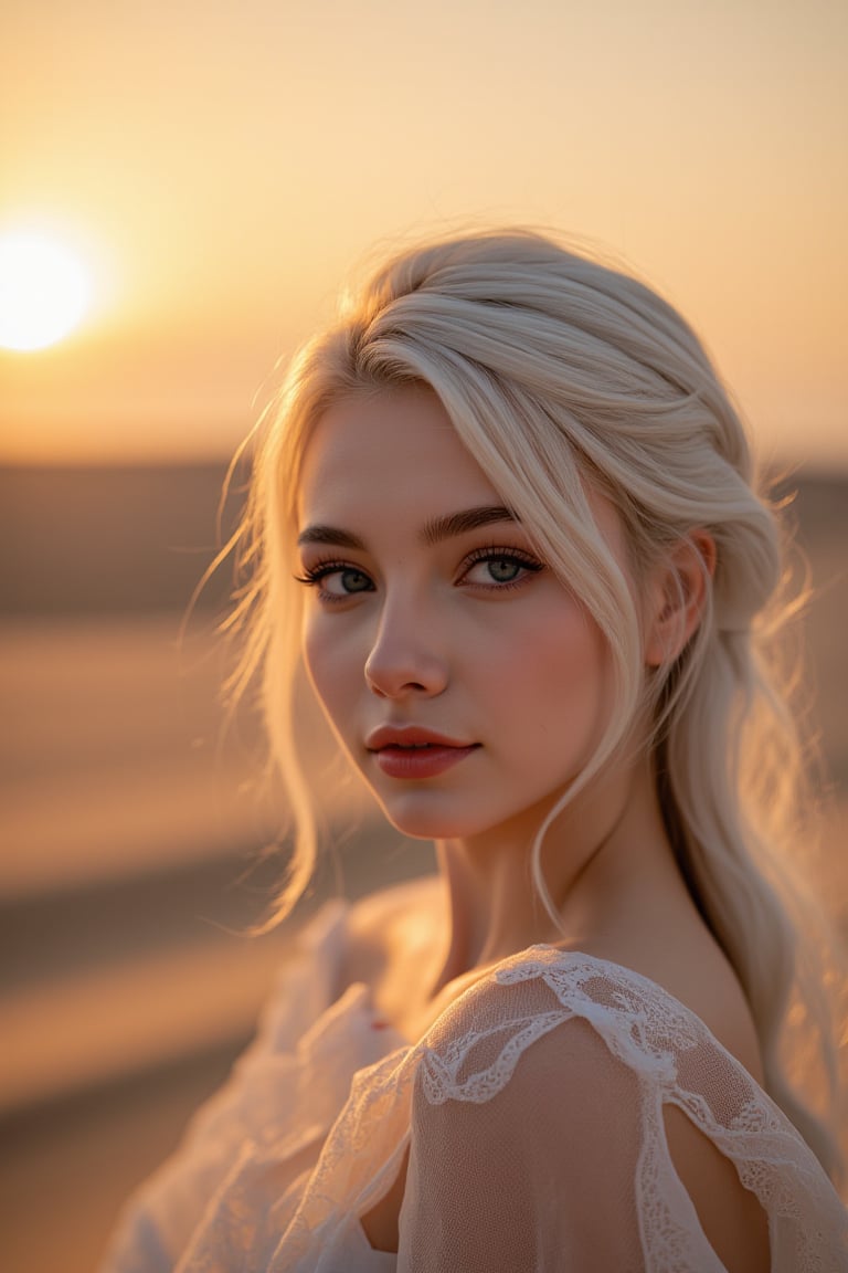 Professional film photography 1girl, 23yo, official art, (beautiful and aesthetic:1.2), , extremely detailed, (fractal art:1.3),colorful, highest detailed, stunning beauty, white hair blonde, pale skin , the creamy smooth skin, sparkling eyes , catchlights, desert at sunset, best photographic quality, cinematic lighting, dof, analog film grain,
