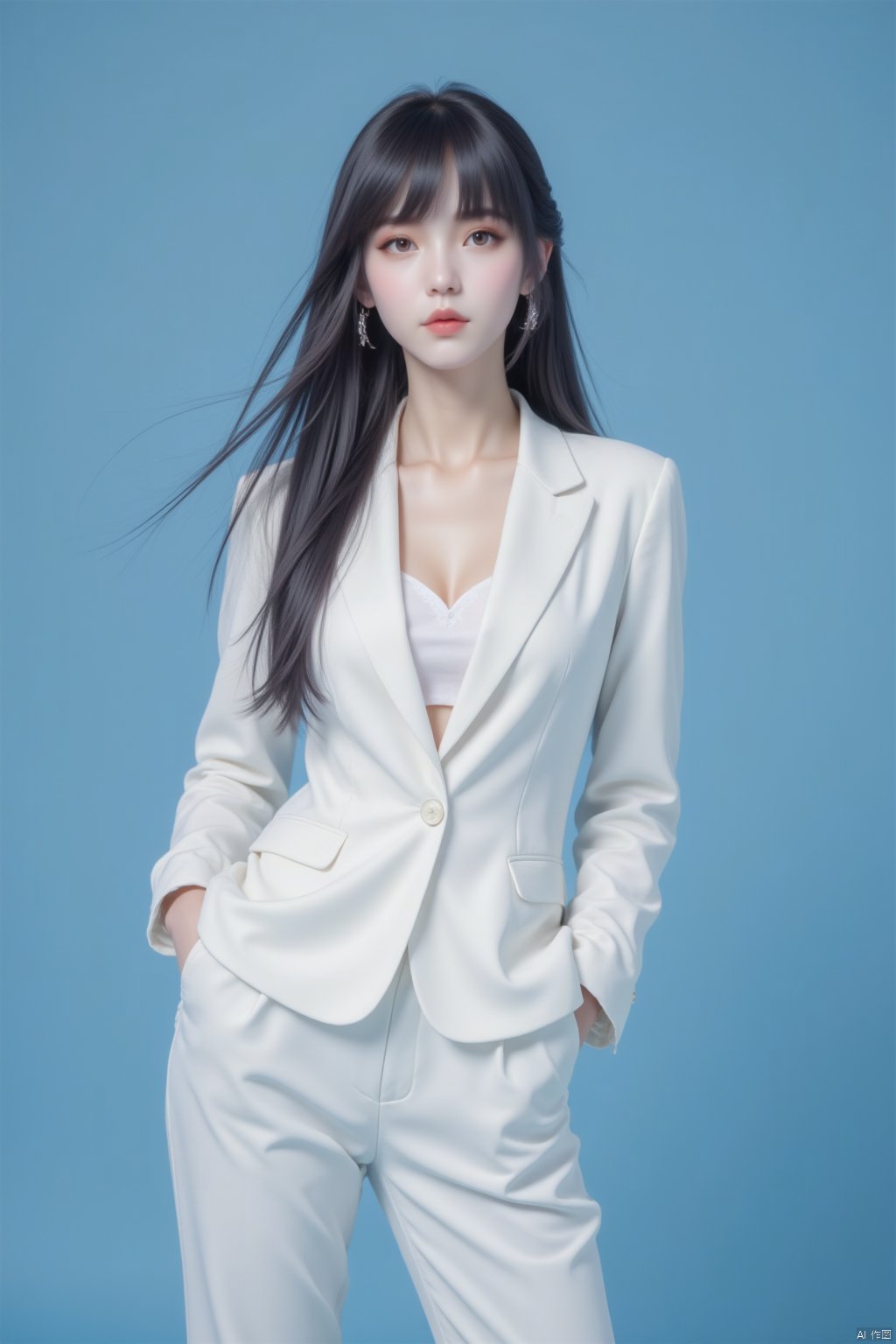 photograph, woman in white blazer and pants, standing against a blue background, hands on hips, long black hair, serene expression, minimalist fashion, soft lighting, modern and elegant atmosphere