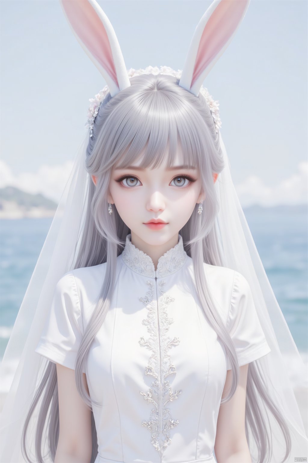 1girl,(wings:1.5),best quality, 1girl, animal ears, rabbit ears, solo, dress, blue eyes, long hair, mouth hold, grey hair, lolita fashion, looking at viewer, (\shen ming shao nv\), (\ji jian\), jiqing, babata, maolilan, loli, (china dress), china dress,white dress,bridal veil,