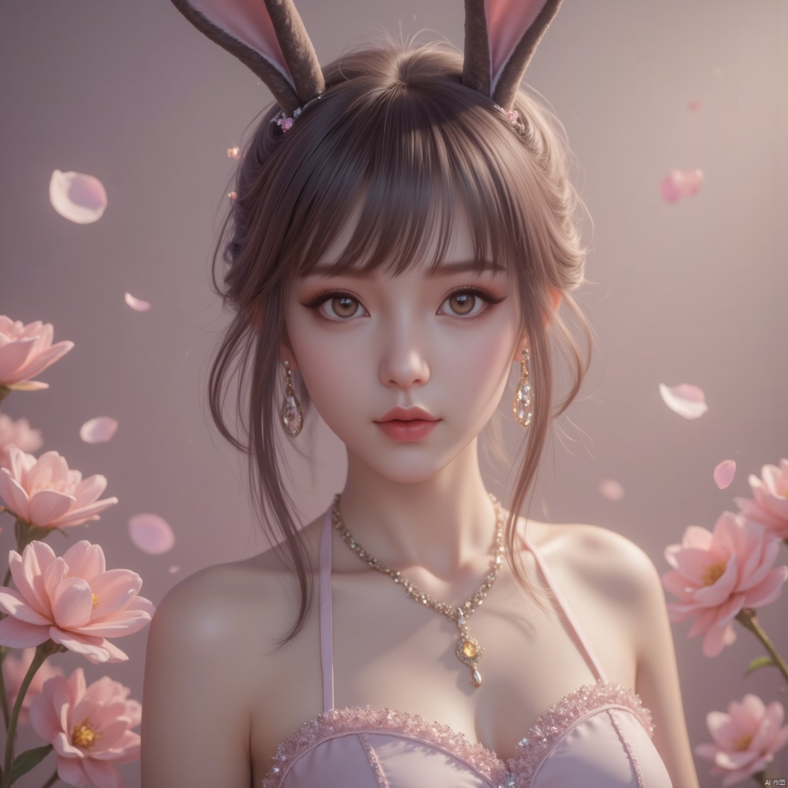 1 girl,In the flowers,rabbit ears,earrings,eyelashes,a charming face,glowing lips,clavicle,shoulder exposure,floating petals,dreamy and beautiful,bikini,medium breasts,cleavge,(upper_body:1.6),(masterpiece, top quality, best quality, official art, beautiful and aesthetic:1.2),