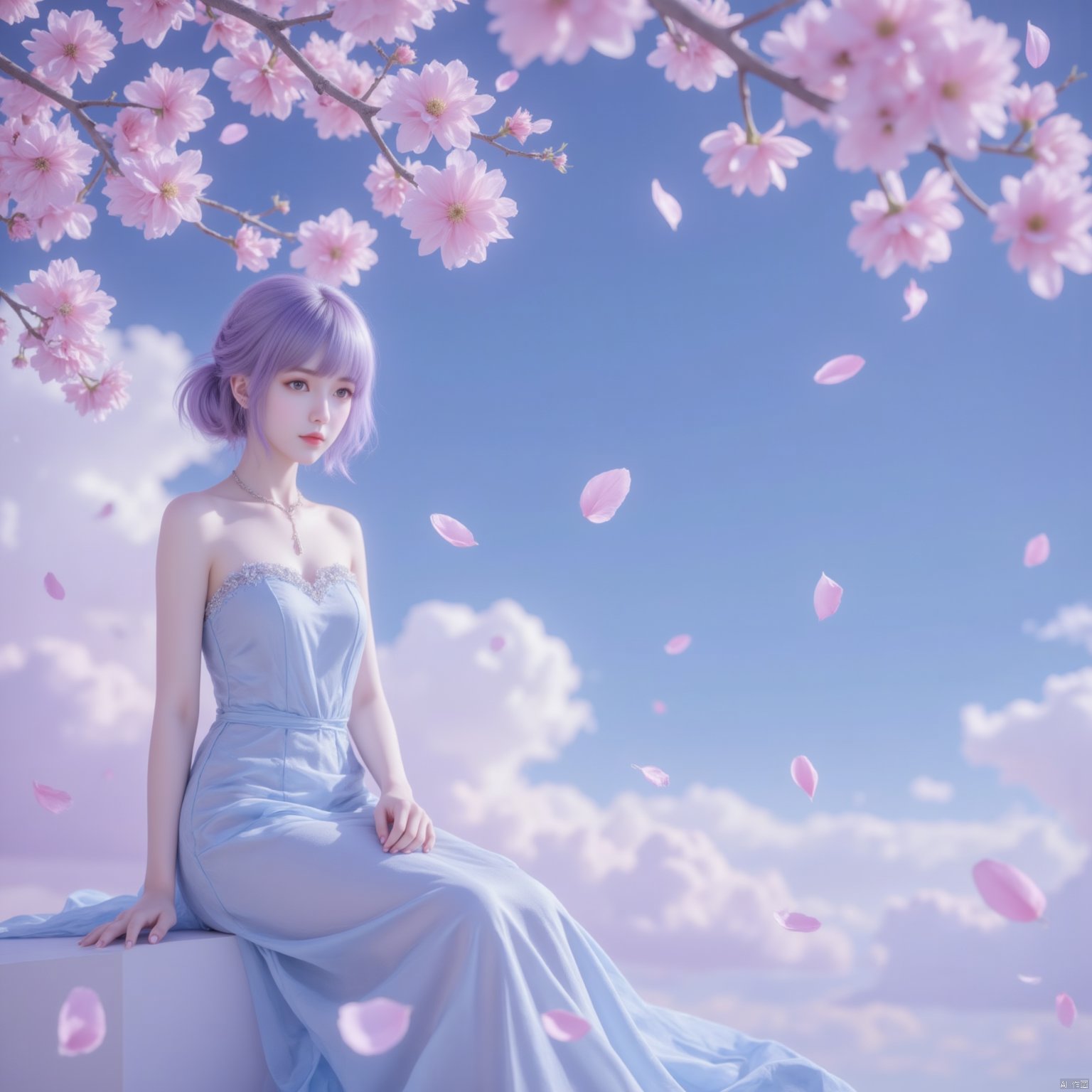 1girl, purple hair, Wrap the chest,begonia petals floating all over the sky,AFLY,Micro Rain Haitang,1girl,white hair,eyes_closed,curvy,elegant full-body sitting posture,begonia flower branch,blue white pink long dress,transparent long dress,