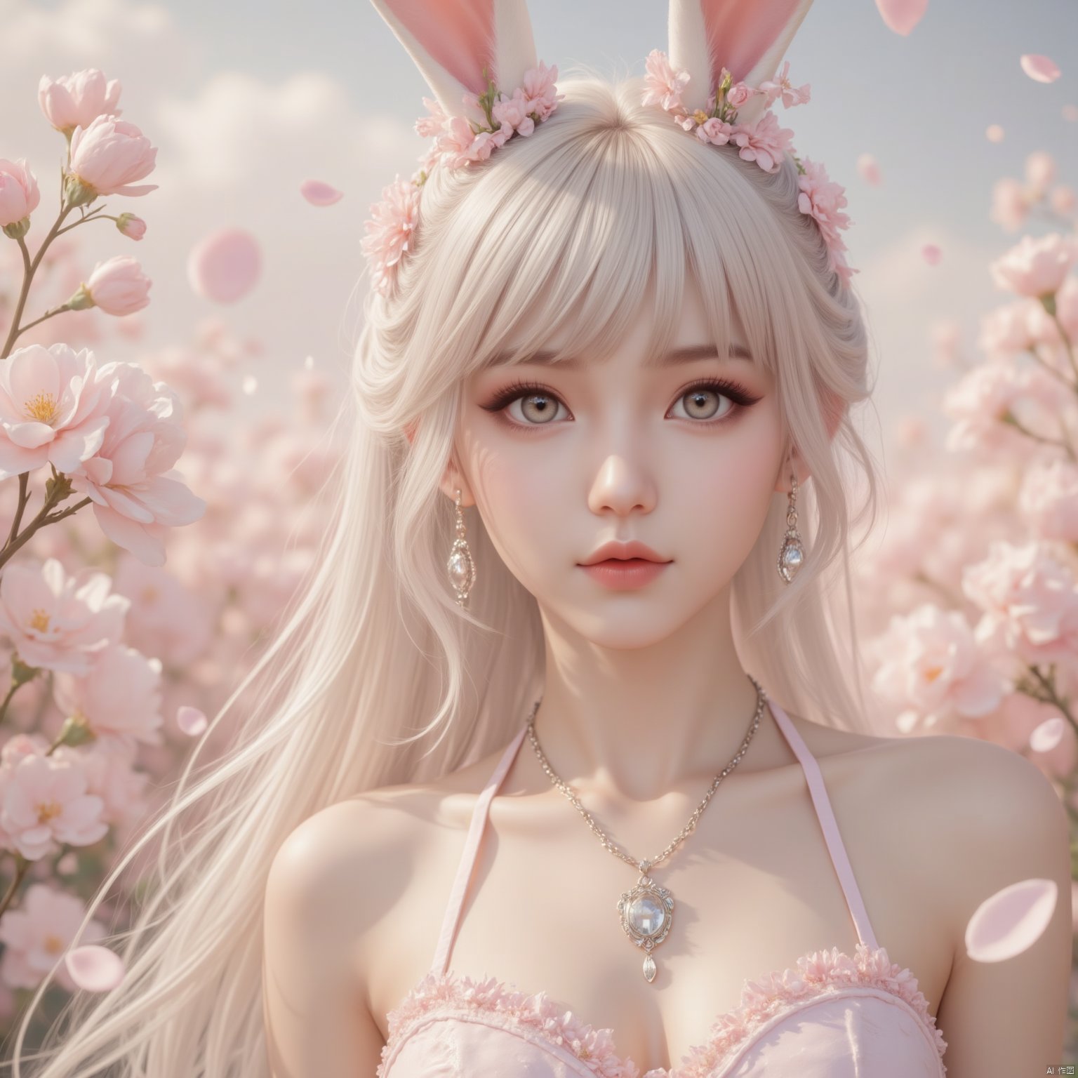 1 girl,In the flowers,rabbit ears,earrings,eyelashes,a charming face,glowing lips,clavicle,shoulder exposure,floating petals,dreamy and beautiful,bikini,medium breasts,cleavge,(upper_body:1.6),(masterpiece, top quality, best quality, official art, beautiful and aesthetic:1.2),