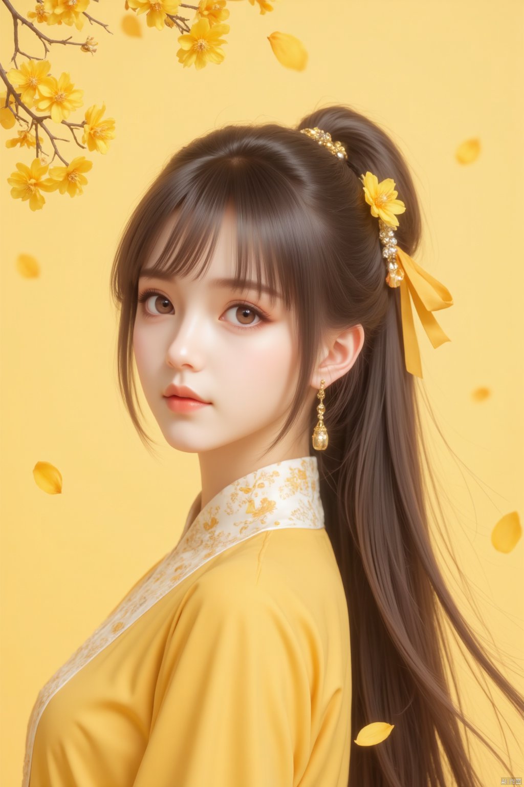 1girl, solo, long hair, looking at viewer, brown hair, black hair, hair ornament, ribbon, jewelry, closed mouth, hair ribbon, upper body, flower, earrings, hair flower, from side, chinese clothes, yellow background, branch, yellow theme,gurenyun