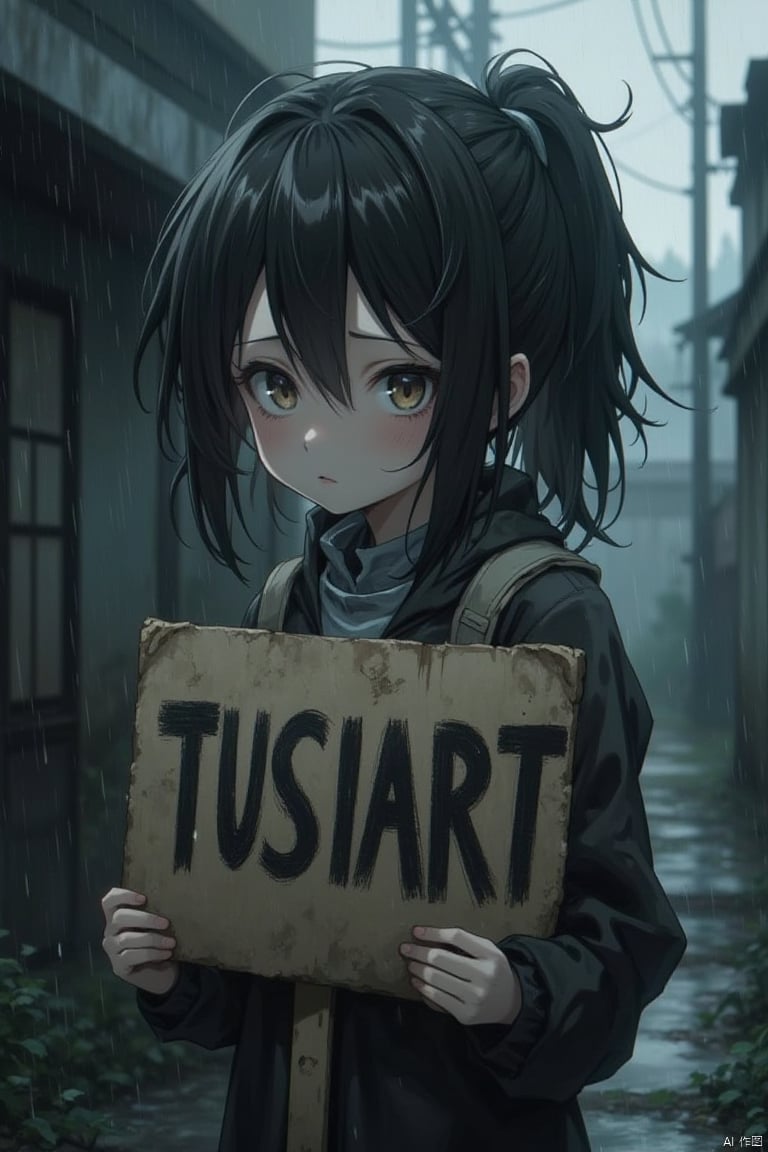 A girl from an anime looks really sad, raining,poverty,begging, looking at viewer,dirty,holding a sign. There's a caption on the sign that says, "TUSIART."