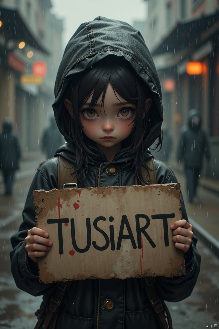 A girl looks really sad, raining,poverty,begging, looking at viewer,dirty,holding a sign. There's a caption on the sign that says, "TUSIART."