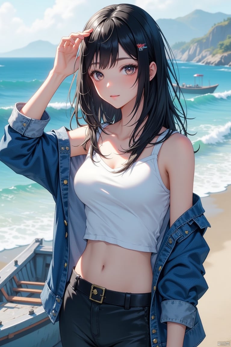 This is a real high-definition photo,This is a high-resolution, casual half-body portrait photo. The subject of the photo is a young woman wearing a white **** top and a denim jacket, with the sleeves of the jacket rolled up. She has black hair that falls over her shoulders. Her right hand is raised, shielding it from the sun, as if she is enjoying the seaside view. The background shows a beach and the ocean, with waves crashing against the shore and a small boat moored on the beach.