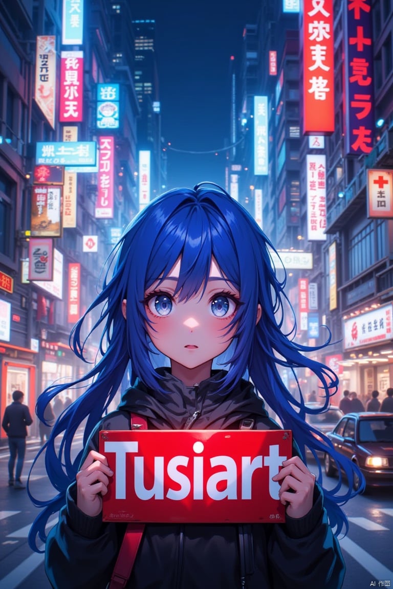 anime girl with vibrant blue hair is looking directly at the viewer with a gentle expression. She stands in the middle of a lively urban street filled with tall buildings, neon signs, and bustling activity. In her hands, she holds a red sign with the word 'Tusiart' written in bold white letters. Her hair flows softly in the breeze, and her bright eyes reflect the glow of the city lights around her. The scene is vibrant yet slightly mysterious, with cars passing by and pedestrians moving in the background. The contrast between the bustling city environment and the calm expression of the girl creates an intriguing and captivating atmosphere.