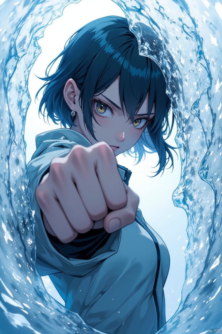 anime Style, an angry woman dramatically punches through a cracked ice curtain that covers the screen and separates her from the viewer. her faded figure facing the viewer and looking over her fist is obscured by the solid ice sheet. all that is visible is a close-up of her extended left arm and her fist breaking the ice apart with a thundering blow leaving behind motion trails. the entire image is covered in a thin sheet of ice except the area around the woman's fist. her knuckles appear bruised due to the impact