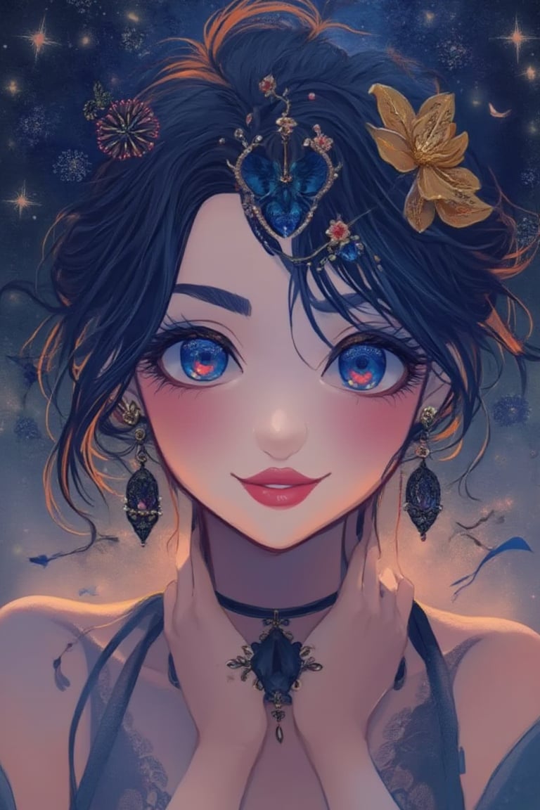 The artwork depicts a stunning, anime-style character with vibrant and intricate details. The character has striking blue eyes that stand out against her flawless, fair skin. Her hair is a captivating blend of colors, primarily dark blue with striking streaks of red and lighter blue, adding to her mesmerizing appearance. She is adorned with ornate accessories, including a blue, jewel-like headpiece that matches the embellishments in her hair and earrings, and a golden floral hairpin that contrasts beautifully with her colorful locks.

The character is dressed in a black, lacy choker and a matching outfit that showcases an elegant yet bold style. Her expression is both captivating and enigmatic, drawing the viewer in with a sense of mystery and allure. The background features a display of fireworks, adding a festive and dynamic atmosphere to the scene.

This piece showcases the artist's skill in combining elements of fantasy and elegance, creating a visually striking and emotionally engaging character. The use of color, attention to detail, and the overall composition highlight the artist's talent in creating immersive and captivating artwork.