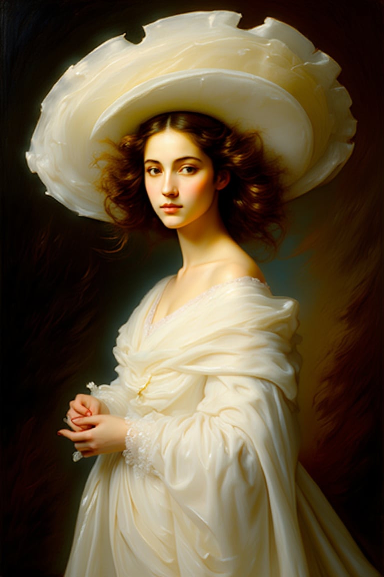 "Create a dramatic, richly detailed painting in the Baroque style, depicting a young woman with long, loosely curled hair illuminated by bold, directional lighting. She is dressed in an opulent white gown, with luxurious fabric draped in deep, voluminous folds that catch the light and emphasize texture and form. The woman wears an extravagant, oversized hat with elegant, sweeping curves, rendered with meticulous attention to detail. The lighting is intense, casting deep shadows and sharp highlights that sculpt her features, creating a dramatic chiaroscuro effect typical of the Baroque period. The background is richly textured and atmospheric, fading into shadow to further highlight the subject’s radiant presence. Her expression is poised yet expressive, conveying a sense of both grace and intensity. The overall composition is grand and theatrical, filled with movement and contrast, capturing the Baroque fascination with drama, emotion, and the interplay of light and shadow. The scene evokes a sense of timeless elegance and dramatic beauty, blending rich textures and vibrant contrasts to create a visually powerful work."