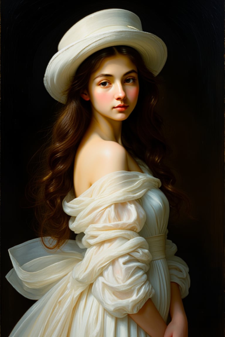 "A fine art oil painting in the style of the Baroque period, depicting a young woman with long, flowing, loosely curled hair, illuminated by dramatic chiaroscuro lighting. She is dressed in sumptuous white garments, rendered with rich, textured brushwork that emphasizes the opulence and weight of the fabric. The folds of her clothing are painted with deep contrasts between light and shadow, capturing the intricate play of texture and volume characteristic of Baroque artistry. She wears an elegant, structured white hat, its bold curves and details carefully defined with strong, deliberate brushstrokes. The lighting is intense and directional, casting deep shadows and bright highlights across her figure, giving the scene a powerful sense of depth and drama. The composition focuses on her regal and contemplative expression, with sharp contrasts of light accentuating her face and features. The painting is rich in realism and detail, with smooth transitions between light and dark, evoking the grandeur and emotional intensity of the Baroque style."