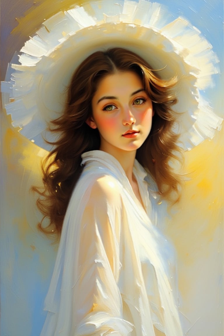 "A fine art oil painting in the style of Impressionism and Frank Weston Benson, depicting a young woman with long, loosely curled hair touched by subtle highlights. She is dressed in flowing, ethereal white garments, painted in loose, expressive strokes. The folds and texture of her clothing blend softly, creating a sense of movement and light. She wears a large, floppy white hat, its soft, dramatic curves suggested with quick, light brushstrokes that give it an airy, whimsical feel. The lighting is soft and diffused, eliminating harsh contrasts and focusing on how light subtly interacts with her features, creating a serene, glowing atmosphere. The composition centers on her calm and captivating expression, with dappled light gently highlighting her face. The visible brushstrokes are short and broken, blending colors optically rather than through detailed realism, capturing the fleeting quality of light and atmosphere, hallmarks of the Impressionist style."