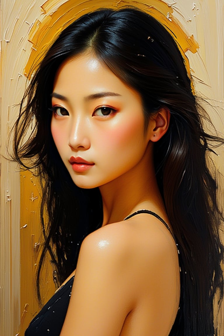 "Create a fine art oil painting of a tall, slender, and elegant Asian supermodel with long, flowing hair. The composition features extremely heavy, textured impasto brushstrokes (1.2) that add depth and dimension, emphasizing the tactile quality of the painting. Her facial features are sharp, clear, and distinct, with a high level of sharpness that captures the intricate details of her expression. Clean, defined edges frame her features, highlighting her natural beauty while maintaining a strong sense of realism. The bold brushwork adds intensity and movement, while the overall style exudes a sense of poise and grace."