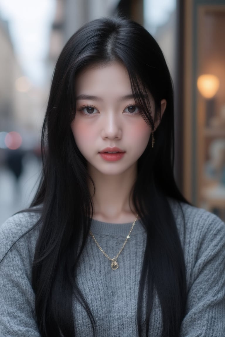 "A magazine cover with title "cosmopolitan", 1girl, solo, long hair, looking at viewer, black hair, jewelry, earrings, outdoors, parted lips, day, sweater, lips, head tilt, blurry background, realistic, grey sweater\n\nelegant and cool, full body, masterpiece, high quality realistic, aesthetic photography, cool tone, 16K, bright colour, (( Ultra sharp focus, pure perfection, ((64k:1.37 )), more detail XL, )), enhanced all, detailed skin, high_resolution isometric, trending on artstation,"