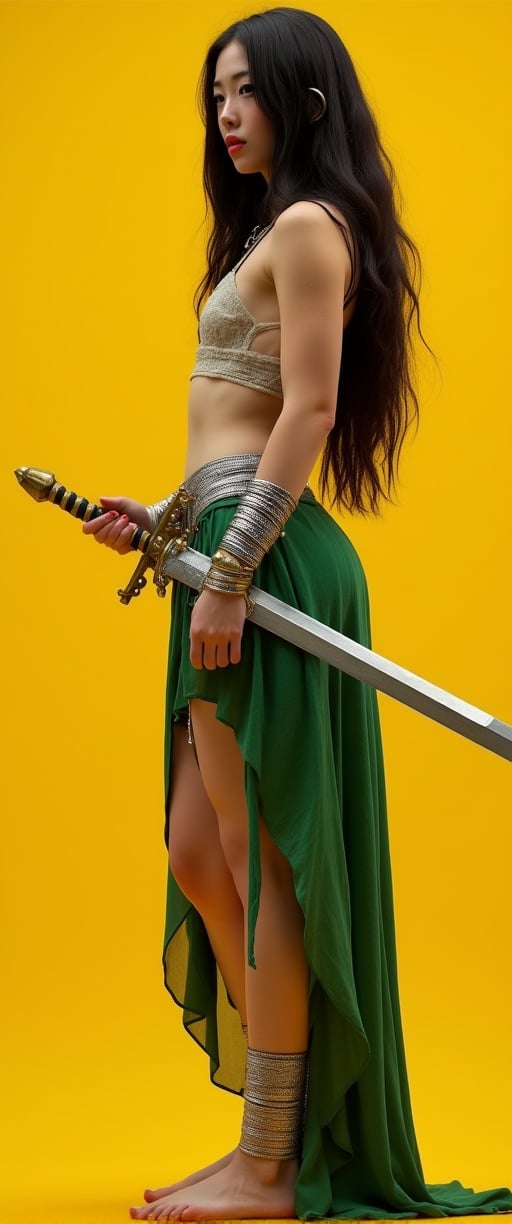 

A masterpiece photograph shot on Canon EOS R6, showcasing a woman dressed in a warrior costume is stunning. She is holding a sword in her right hand, her left hand resting on her hip. Her right arm is draped in a green skirt, adorned with a silver belt. Her left arm is adorned with silver bracelets, adding a touch of charm to her outfit. Her dark hair is cascading down her back, adding depth to her composition. The backdrop is a vibrant yellow, creating a striking contrast to the woman's costume.,ct-muun,ct-kbright