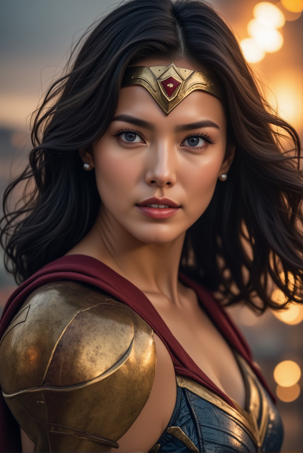 Depict a powerful close-up of Wonder Woman, her fierce yet compassionate expression framed by her iconic golden tiara. Her piercing blue eyes shine with determination, while her perfectly sculpted features exude strength and grace. The metallic sheen of her golden armor catches the light, highlighting the intricate detailing on her breastplate and the bold red and blue colors of her outfit. Her flowing dark hair billows slightly in the wind, adding to the sense of motion and energy. Behind her, a backdrop of stormy skies and distant battle scenes hints at the intensity of the moment, yet her unwavering gaze conveys a sense of hope and unshakable resolve.
BREAK
detailed exquisite face,soft shiny skin,realistic,detailed,sharp focus,high contrast,rule of thirds,depth of perspective,award-winning photo,chiaroscuro lighting,ek_g1rl_02