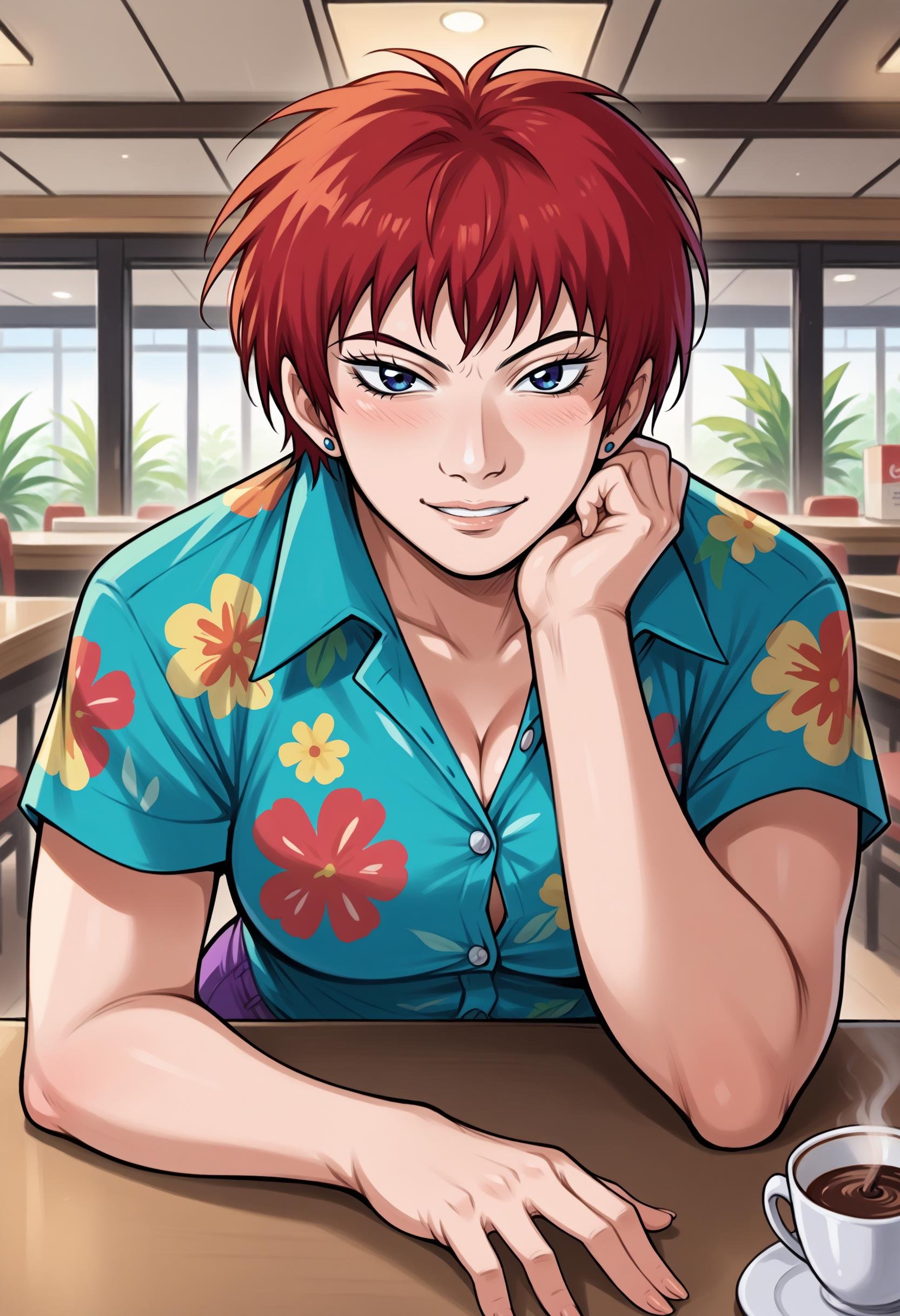 score_9, score_8_up,score_7_up, 1girl, solo, akmktb, tomboy, short hair, red hair, blue eyes,stud earrings, jewelry, hawaiian shirt, dress shirt, unbuttoned, multicolored shirt, purple shorts, looking at viewer, pov across table, pov, table, cafe, coffee, upper body, elbow rest, seductive smile, smirk, parted lips, cake indoors,<lora:akwmk_pdxl_EliPot_V2:1> 